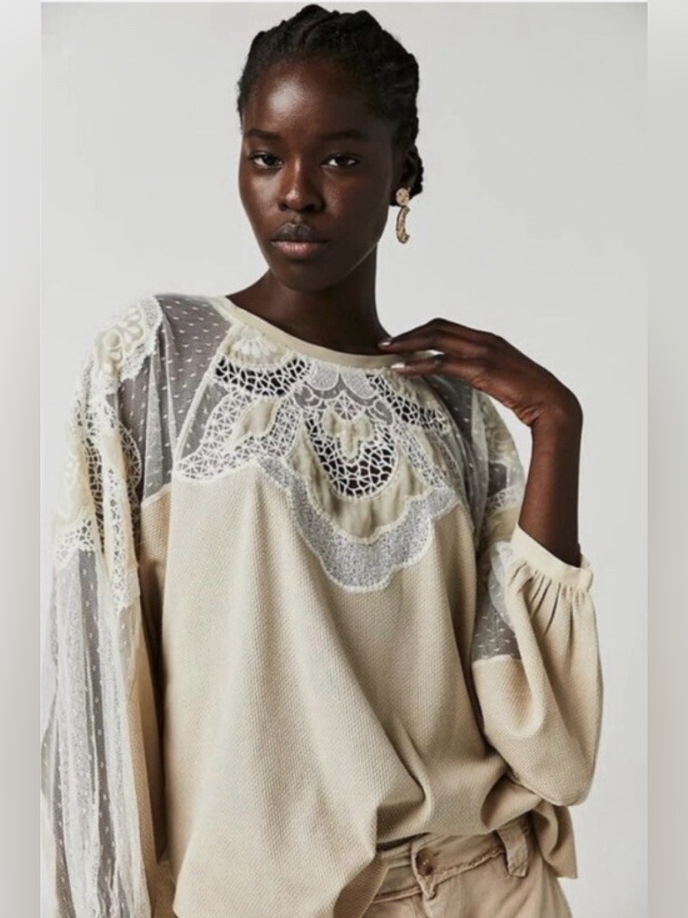 Free People Toni Embroidered Swiss Dot Lace Thermal Top Blouse Size L